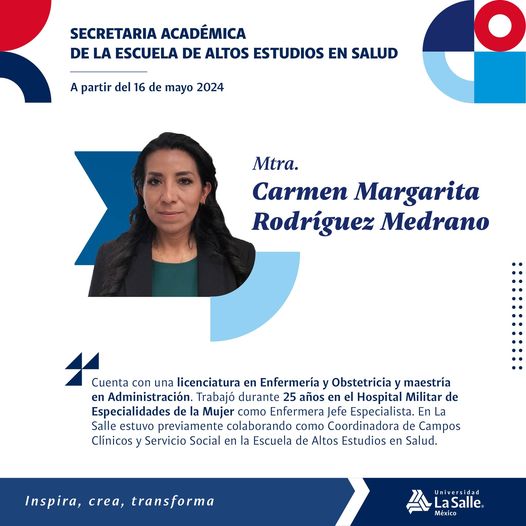 Mucho éxito a la Mtra. Margarita Rodríguez Medrano, en esta etapa como secretaria académica, así como al equipo de nuestra Escuela, en el cumplimiento de los objetivos planteados.